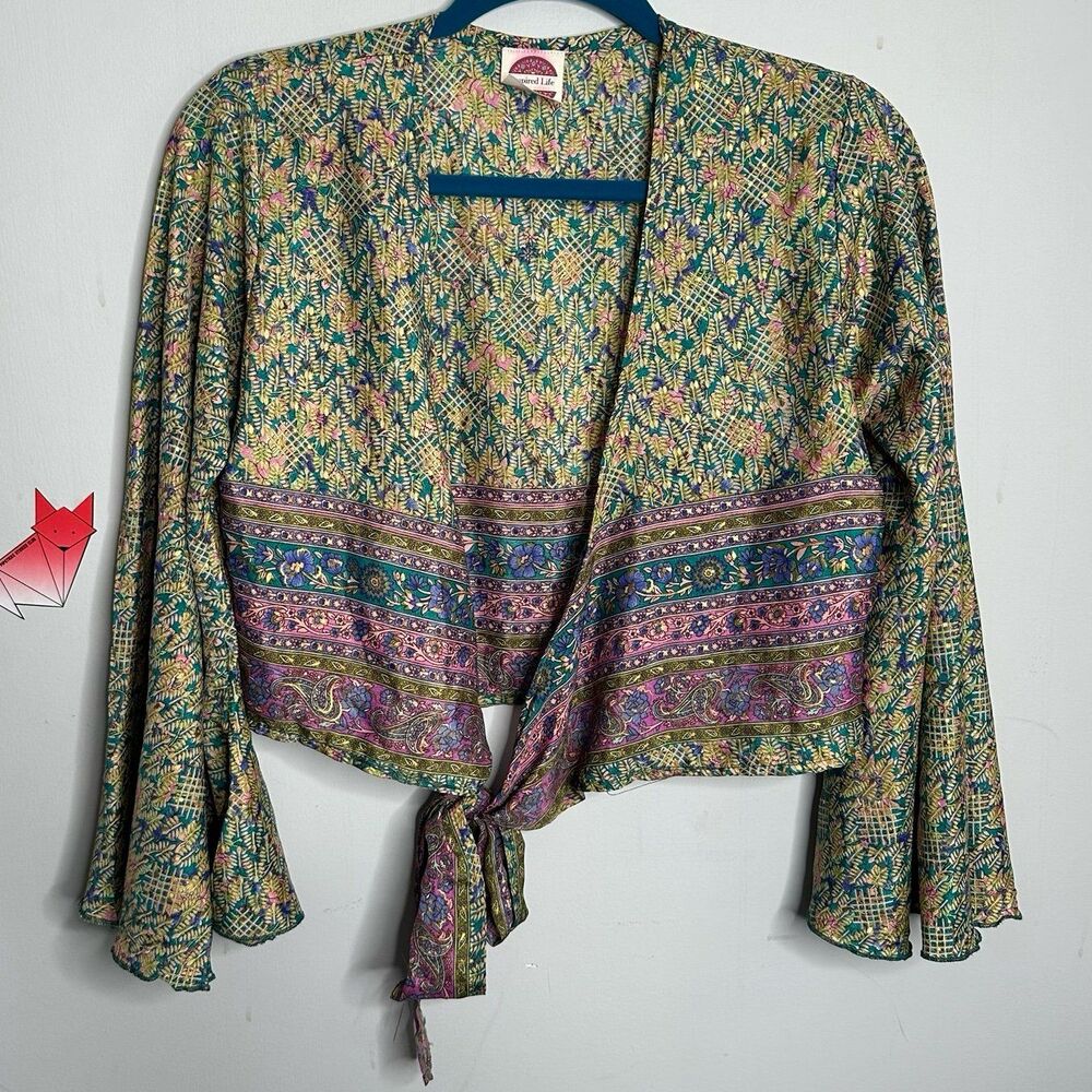 Inspired Life Silk Blend Long Bell Sleeves Tie Front Wrap Crop Top Size Sm/Med